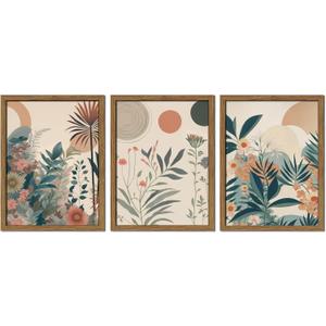 Framed Boho Floral Canvas Wall Art Set of 3, Vintage Burnt Orange Botanical Pictures Wall Decor, Abstract Nature Jungle Plant Paintings Prints for Living Room Bedroom Bathroom 12x16 inch (16L" x 12W")
