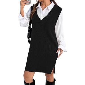Zeagoo Women's V Neck Sweater Vest Dress Oversized Sleeveless Casual Pullover Sweater Fall Winter Knit Slit Short Dress (XX-Large, Black)