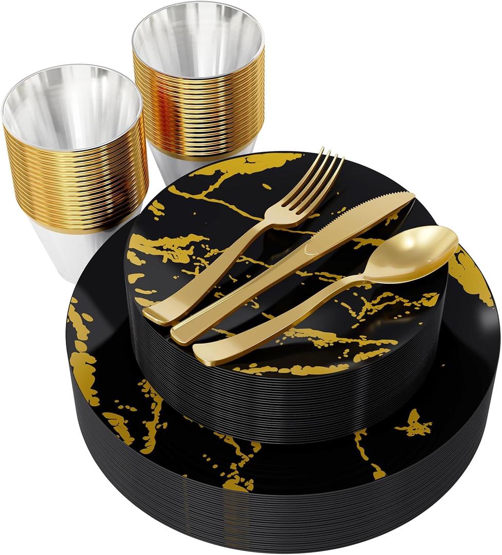 JOLLY PARTY 180PCS Disposable Dinnerware Set 30 Guest, 60 Black and Gold Plastic Plates, 30 Silverware, 30 Plastic Cups, Marble Design Dinnerware for Halloween, Wedding and Parties