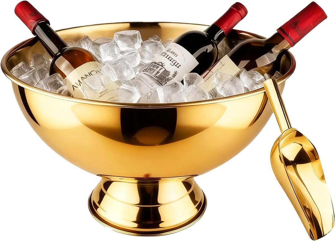 Large Ice Bucket 13L Stainless Steel Champagne Bowl Ice Bucket with Ice Scoop Semicircle Drink Tub with Integrated Base Silver Beverage Tub for Parties, Cocktail Bar, Chilling Wine (1 Pack-Gold) (EXP 02/04/26)