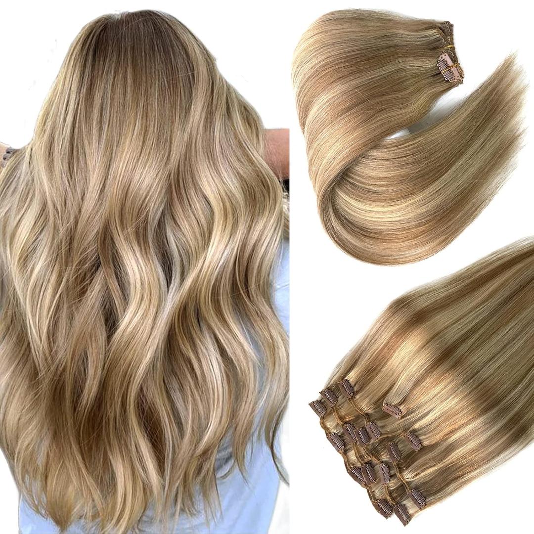 Golden Blonde Balayage Highlights Clip in Hair Extensions - Real Human Hair, 7pcs 70G, 22 Inch Double Wefts