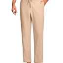 ISEEGZ 30" Men's Linen Pants Casual Dress Pants Drawstring Lightweight Business Trousers with 4 Pockets Beach Summer Khaki