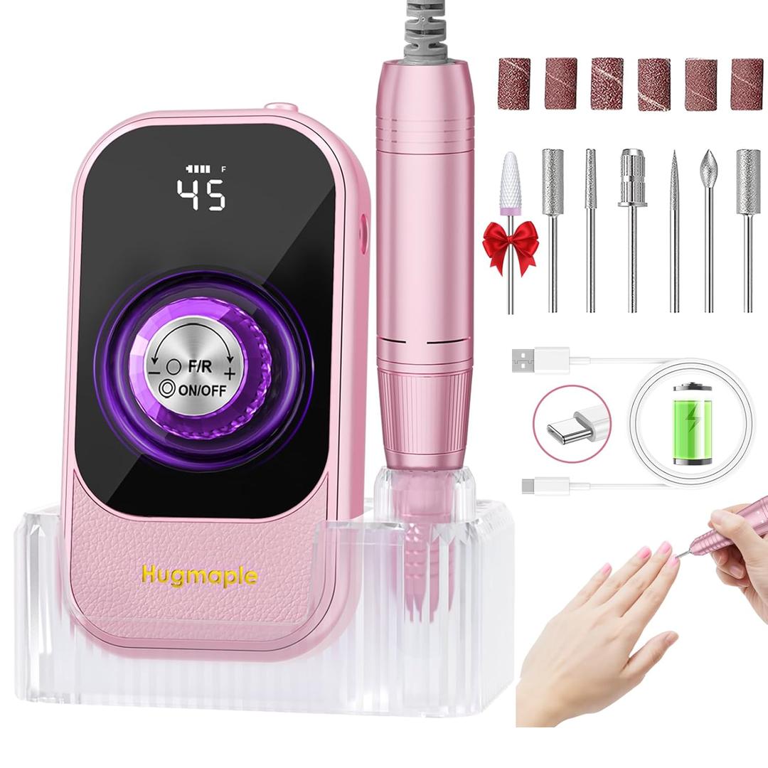 Professional Electric Nail Drill File, HUGMAPLE 45000RPM Portable E-File Machine with Bits & Base, Rechargeable Cordless Nail Drill Kit for Shaping, Removing & Polishing Gel Nails for Salon Home (Rose Gold Pink)