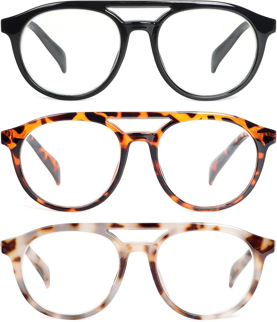 KoKoBin Aviator Round Reading Glasses for Men and Women,3 Pairs Oversized Blue Light Blocking Spring Hinge Readers (Mix Color)