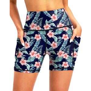 Soothfeel Women's High Waisted Swim Board Shorts 5 Inch UPF 50+ Tummy Control Bathing Suit Bottoms for Women with Pockets (Large, Navy Flower)