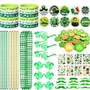 Cunno 354 Pcs St. Patricks Day Accessories Party Favors Set Includes Silicone Bracelets Shamrock Glasses Mustaches Stickers Green Gold Coins Necklaces Button Badges for Irish Parade Party Supplies