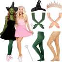 7 Pcs Pink Princess Green Witch Accessories Set Classic Movie Cosplay Including Ruched Witch Hat Crowns Gloves Sparkle Fishnets Fairy Wand Star Wand for Women Friendship Halloween Party