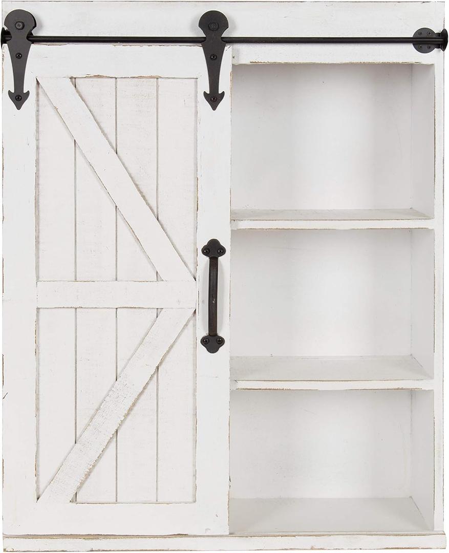 Kate and Laurel Cates Modern Farmhouse Decorative Wood Wall Storage Shelving Cabinet with Sliding Barn Door, Rustic White (22x28)