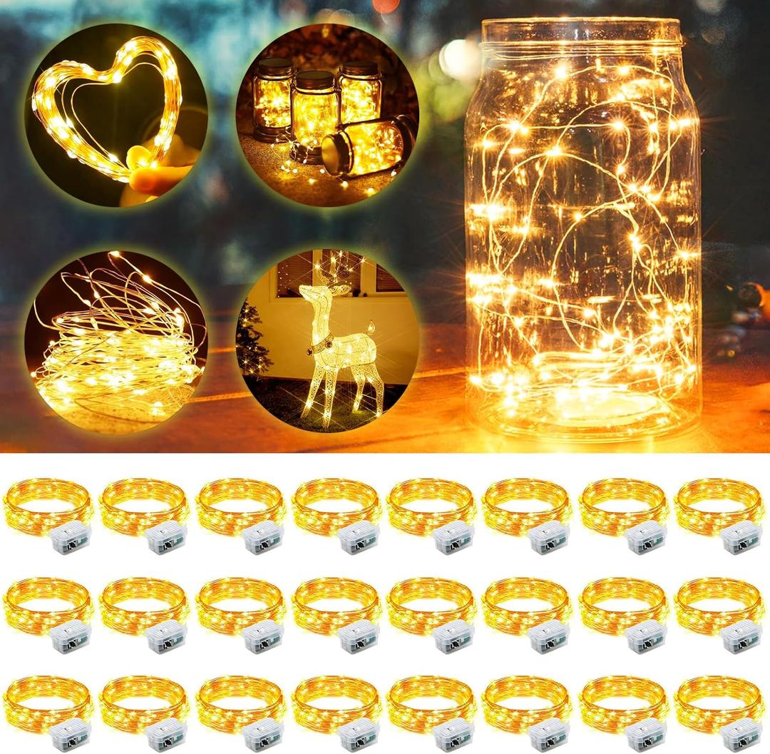 Aogist 24 Pack Fairy Lights 3 Modes 7ft 20 LED Waterproof, Battery Operated Silver Wire Firefly Starry Moon Mini String Lights for Mason Jars Christmas DIY Crafts Wedding Party Bedroom, Warm White