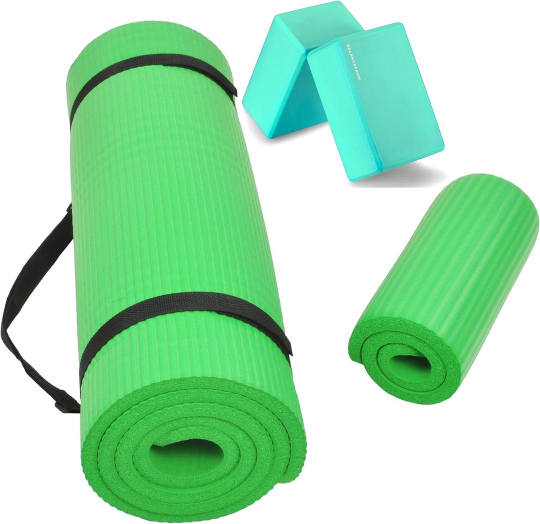 Fitvids All Purpose 1/2-Inch Extra Thick High Density Anti-Tear Exercise Yoga Mat and Knee Pad with Carrying Strap and Optional Yoga Blocks, Multiple (Green)