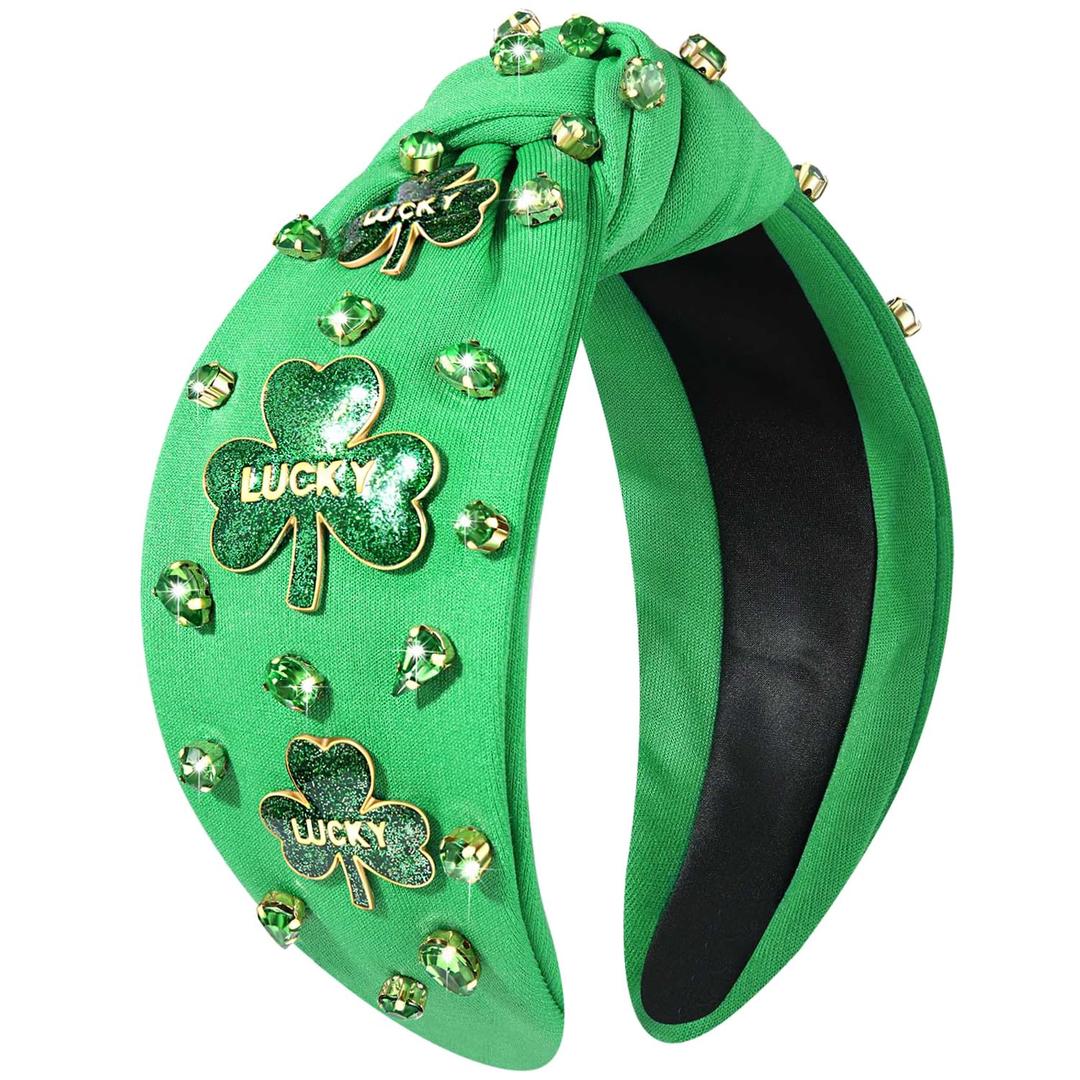 YAHPERN St. Patricks Day Headband for Women Good Luck Shamrock Knotted Headband Green Crystal Wide Top Knot Headbands Lucky Irish Holiday St. Patricks Day Hair Accessories Party Gifts (Shamrock 1)