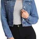 andy & natalie Women's Denim Jackets Cropped Long Sleeve Basic Button Down Crop Jean Shacket with Pockets (Blue, M)