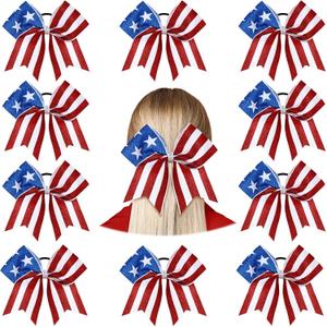 10 Pcs American Flag Glitter Cheer Hair Bows 8'' Patriotic Cheerleader Hair Bows Red White Blue Accessories with Elastic Ponytail Holder 4th of July Independence Day Accessory