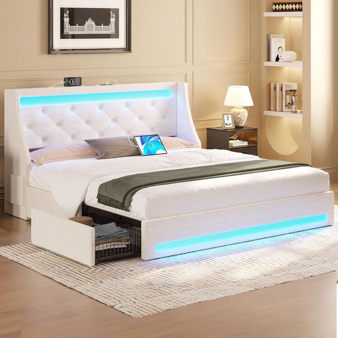 Rolanstar Full Bed Frame with LED Lights and Charging Station, Upholstered Bed with Drawers, Wooden Slats, Noise Free, Easy Assembly, Beige