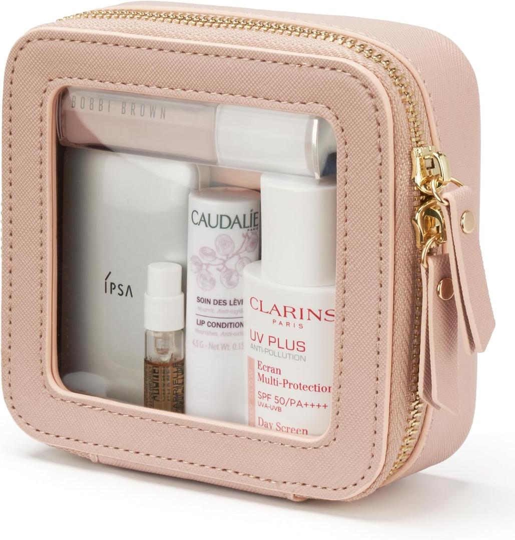 Popvibe Clear Makeup Bag Travel Cosmetic Case Transparent Toiletry Bag with Zipper, Portable Make Up Organizer Traveling Compact Car Bag for Essentials (Mauve)