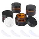 OverNews 2oz Amber Glass Jar Travel Size, 4PCS Empty Cosmetic Lotion Container with Black Lid & Spatula, Small Mini Jar for Beauty