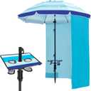 HOMEDEMO Heavy Duty High Wind Beach Umbrella with Sand Anchor,Built-in Table Tray & Tilt Pole&Hook& Curtain, UPF 50+ Windproof Portable Beach Umbrella for Patio Garden Pool Backyard