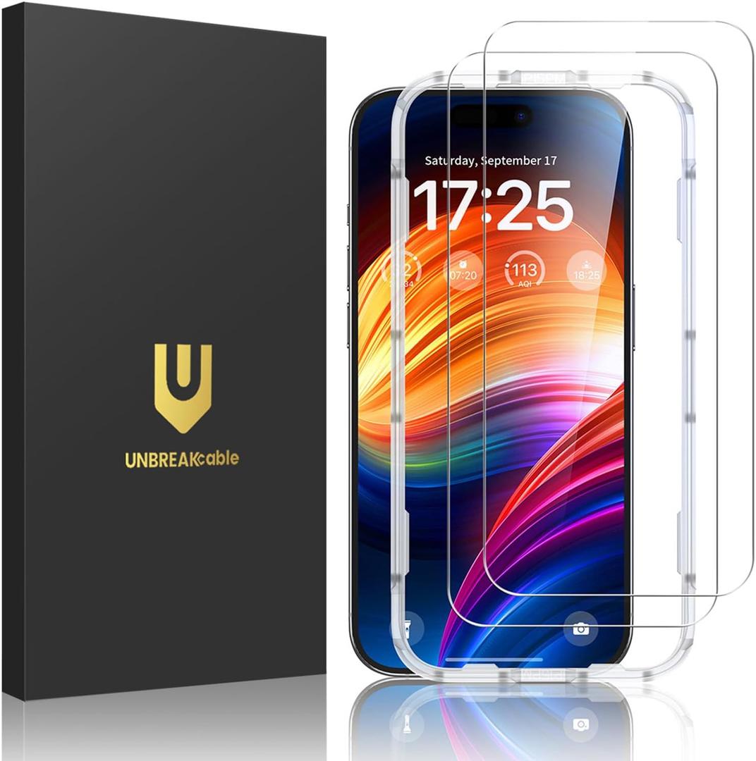 UNBREAKcable 2-Pack Screen Protector for iPhone 15/16, Military-Grade Shatterproof Tempered Glass [9H+ Hardness] [Easy Installation Frame] [99.99% HD Clear] for Apple iPhone 16/15