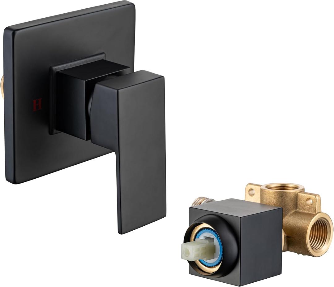 Square Single-Function Shower Handle Valve, Wall Mount Brass Faucet Shower Rough-in Valve Male Thread Bathroom Trim Kit Single Handle Tub Shower Mixer Valve Kit, Matte Black