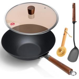 WANGYUANJI Carbon Steel Wok Pan with Lid (12.6"), Ultra-Lightweight 2.9lb Stir Fry Pan for Electric, Induction & Gas Stoves, Pre-Seasoned Flat Bottom Iron Skillet with Spatula, No Chemical Coating