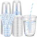LemonRoad 50sets 16oz Blue Bow Cups Blue Birthday Party Decorations Supplies Cute Plastic Cups Disposable with Lids and Straws, for Valentines Galentines Day Christmas Wedding Baby Shower Decorations