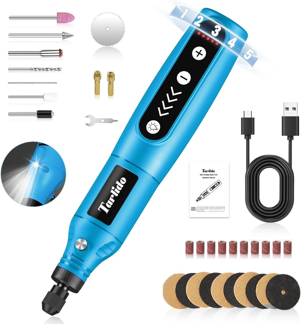 Cordless Rotary Tool Kit, 3.7V 2.0Ah Rechargeable Battery, 18000RPM 5-Speed Multi Power Carving Tools, 31Pcs Accessories, Engraving, Sanding, Grinding, Polishing, Carving, Etching, DIY-Blue  (Blue With Light)