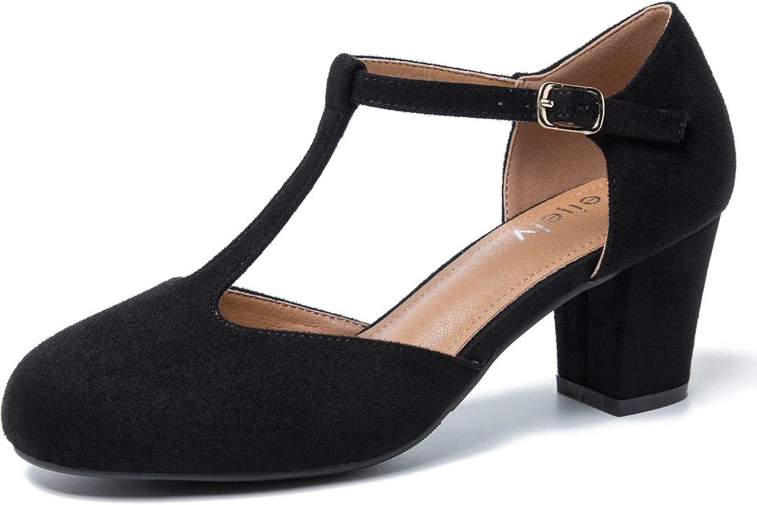 Womens T Strap Mary Jane Shoes Chunky Block Heel Ankle Strap Buckle Dress Pumps (8, Black Suede)