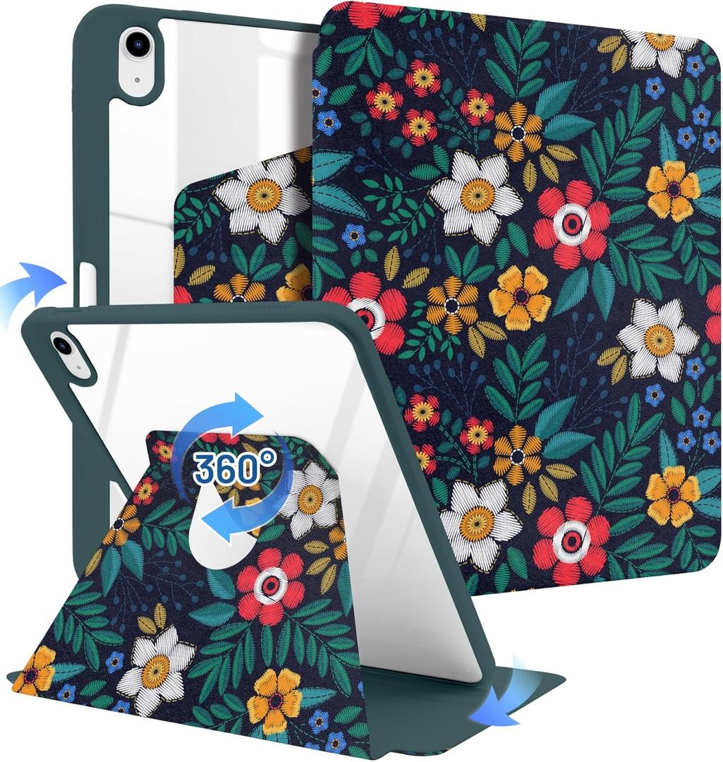 MrARTIST for iPad A16/10th Generation Case - Tablet Case Cute for Women Girls Girly Kawaii Aesthetic Preppy Kawaii Chic Design for Apple Rotating Cover for A16/10th Gen with Pencil Holder, Floral