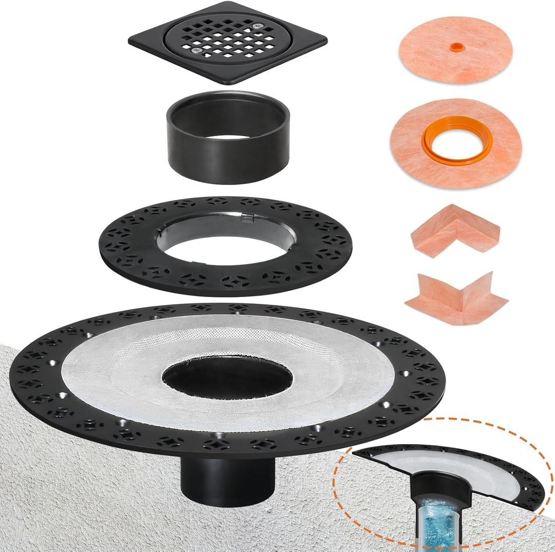 Shower Drain Kit 2 Inch Integrated Shower Flange Kit Compatible with Schluter Systems Kerdi Drain, ABS Shower Drain Base Flange with 304 Stainless Steel 4'' Drain Grate and Waterproof Seals