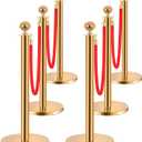 6pcs Stainless Steel Stanchions with 4 Red Velvet Ropes - 5ft Crowd Control Barriers for Parties, Weddings, Hotels, Exhibitions - Elegant Queue Management System Gold 6PCS 4Ropes