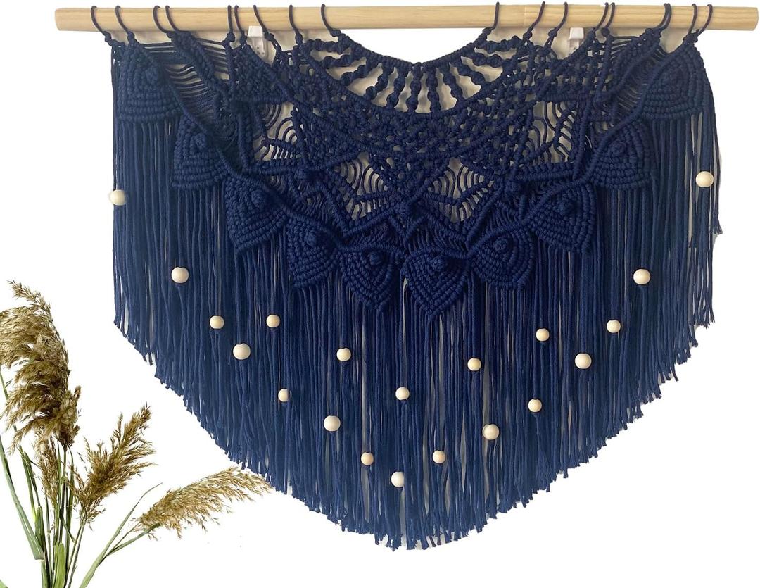Youngeast Large Macrame Wall Hanging Boho Beaded Curtain for Window Macrame Bedroom Headboard Living Room Wall Art Tassel Tapestry Bohemian Woven Wall Decor 31" W X 25" H (Navy)