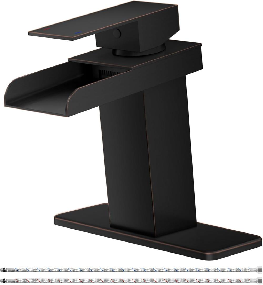 Oil Rubbed Bronze Bathroom Faucet for Sink 1 Hole Antique Waterfall Oiled Single Handle Vanity Basin Commercial Deck Mount Lavatory with Supply Line (6.61-Inch Short)