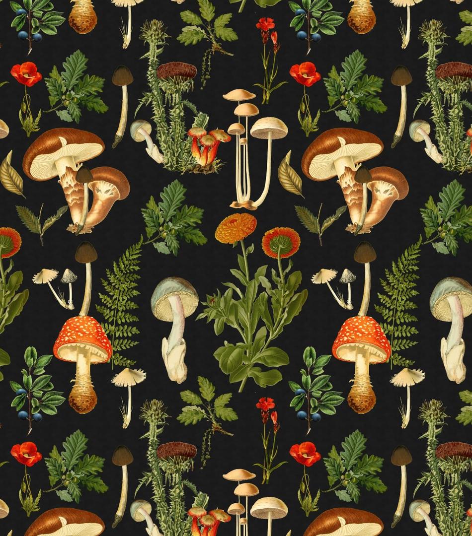 Peel & Stick Mushroom Mural - Black Boho Wallpaper Peel and Stick Waterproof Vinyl for Bathroom & Bedroom Contact Paper (Black, 17.7"x118.11")