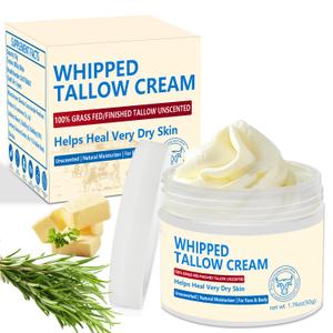Beef Tallow Face Moisturiser, 100% Grass Fed Beef Tallow for Skin Care - 100% Natural Handmade Lotion Whipped Beef Tallow Cream for Face & Body Sensitive Skin - 1.76 OZ., white