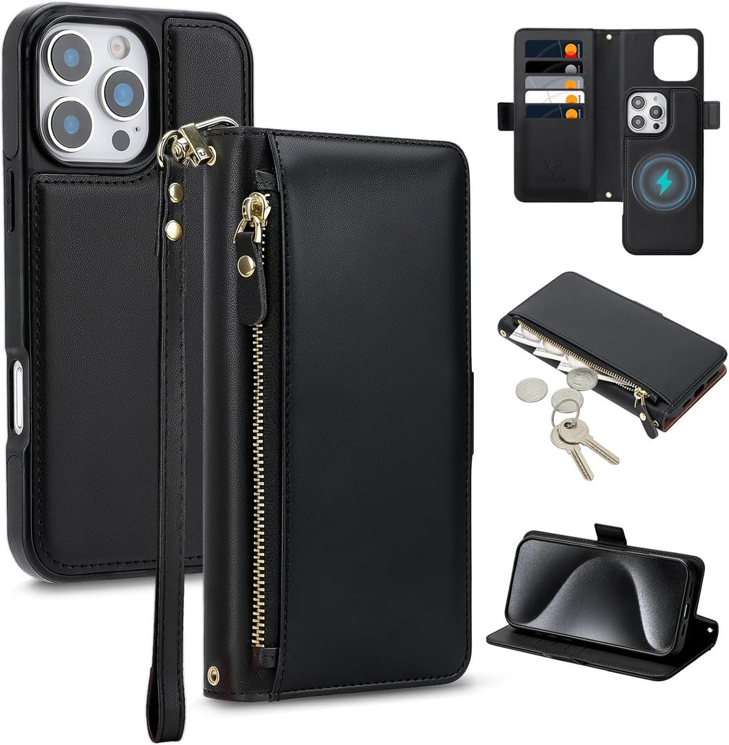 COBEAR for iPhone 15 Pro Max Case Wallet, 2-in-1 Magnetic Detachable, PU Leather, Zipper Pocket, Kickstand, Wrist Strap, Women Men Flip Wallet Case with Card Holder for iPhone 15 Pro Max, Black