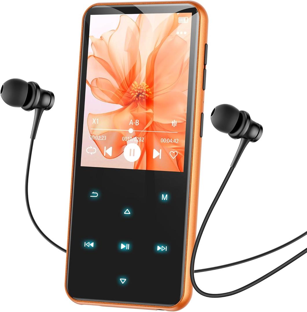 AGPTEK 64GB MP3 Player with Bluetooth, M3 2.4 inch Music Player with Speaker and FM Radio, Touch Buttons, Supports Up to 128GB (Orange)