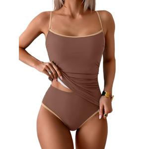 Eomenie Women's Tankini Swimsuits Two Piece Tummy Control Bathing Suit Color Block Slim Swimwear with High Waisted Bottom L