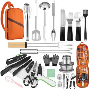 Camping Cooking Set - Camping Utensil Set Car Camping Cooking Essentials Gear for Camp Kitchen Cooking and Grilling, Stainless Steel & Silicone Ideal Gift for RV Tent Camper, Picnics, BBQs