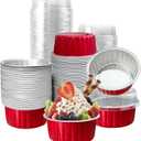 100Pcs Aluminum Cups with Lids,5oz Disposable Ramekin Baking Cups Muffin Liners Mini Pie Pans Foil Cupcake Containers for Christmas Party Wedding Party, Red