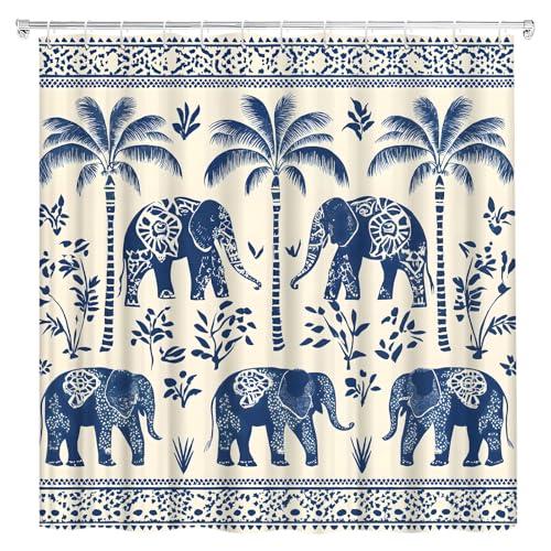 Boho Tropical Elephant Shower Curtain African Ethnic Indian Mandala Tribes Paisley Sacred Animal Unique Leaves Retro Chic Aesthetic Shower Curtains Set Bathroom Polyester Fabric Hooks (70"W x 70"L)