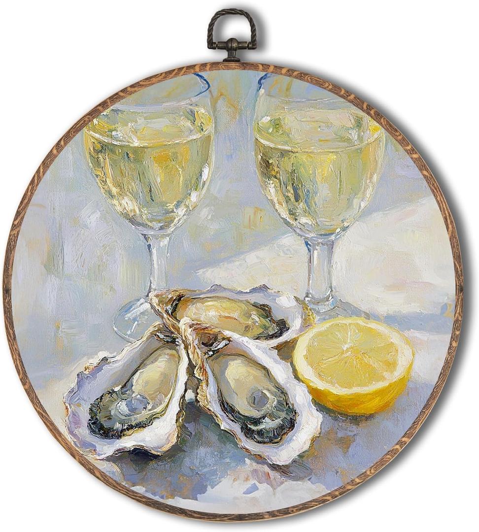 Yorhifa Oyster Champagne Lemon Framed Wall Art, Aesthetic Kitchen Round Wall Art, Coastal Round Walls Decor, Funky Coastal Aesthetic Kitchen Dining Room Circle Canvas Artwork Hanging Decor, 10x10in (color_3)