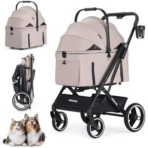 BEBEROAD X3 2 in 1 Pet Stroller for Medium or Two Small Dogs & Cats 4 Wheels Lightweight Foldable Carrier Dog Stroller with Waterproof Weather Cover Cup Holder,Storage Basket(Camel)