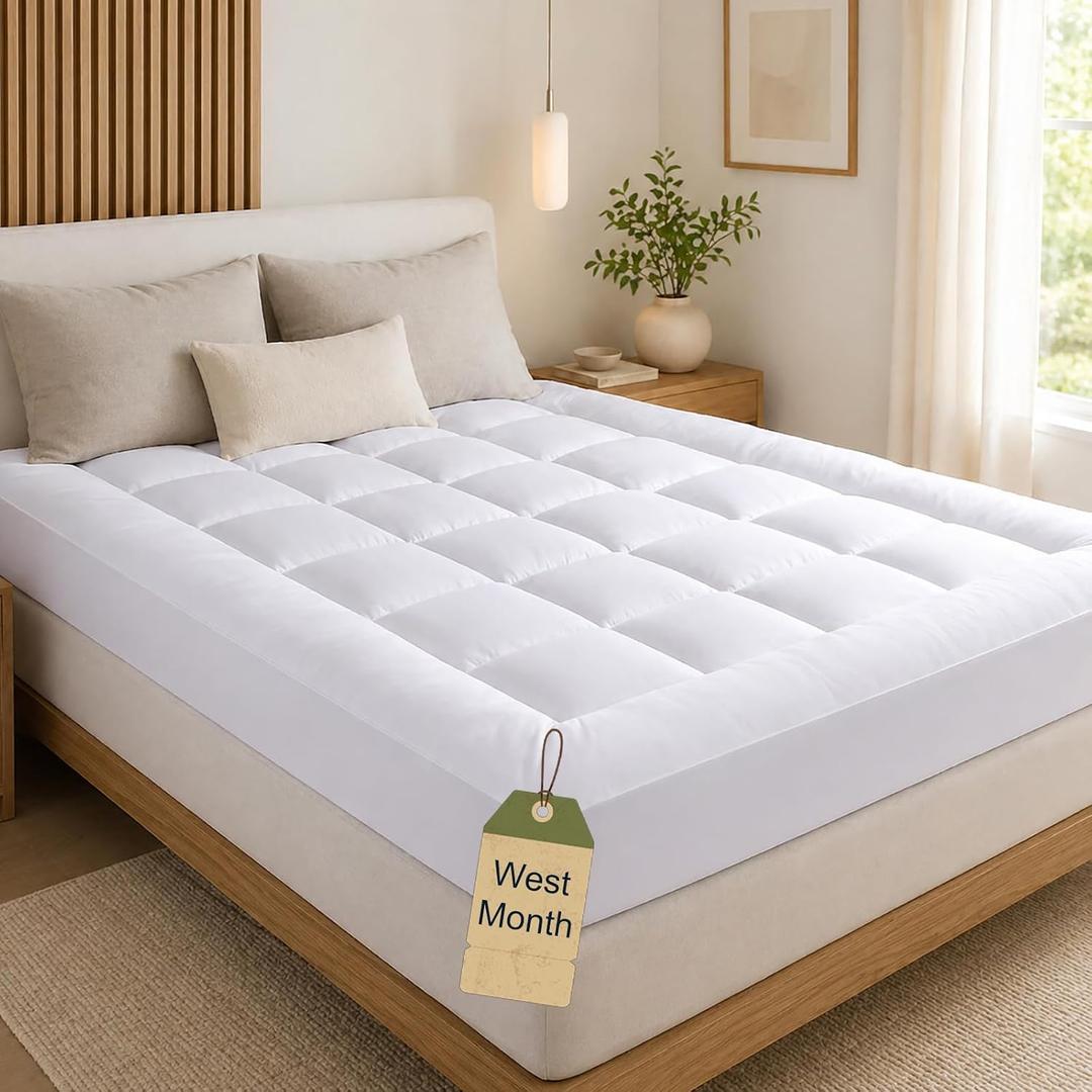 Topper, WestMonth Mattress Pad 1000 GSM, Premium Quilted Luxury Extra Thick, Cooling Breathable & Fluffy Soft, Deep Pocket 8–21 Inch Bed Cover Fit Queen, King Size, etc (White, Queen)