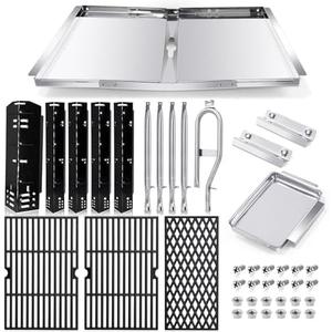 Grill Grease Tray Replacement Parts for Dyna Glo Grill Replacement Parts 5 Burner DGH474CRP, DGH483CRP, DGH485CRP, Adjustable 24''-30'' Gas Grill Drip Pan, Cooking Grate, Heat Plate Shield and Burners