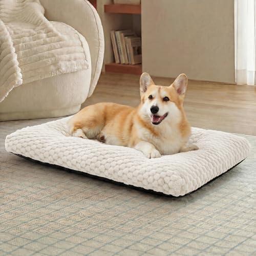 Bedsure Washable Dog Bed for Crate Large Sized Dog, Soft Fluffy Bubble Fleece Pet Bed Mat for Deep Sleep, Non-Slip and Machine Washable Kennel Sleeping Pad for Crate/Floor/Car, 35"x23"x3.5", Beige