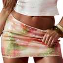 Women's Y2K Sequin Skirt Sexy Glitter Sparkly Bodycon Mini Skirt Tie Dye Night Out Low Rise Shiny Party Rave Clubwear (Large, Pink and Green)