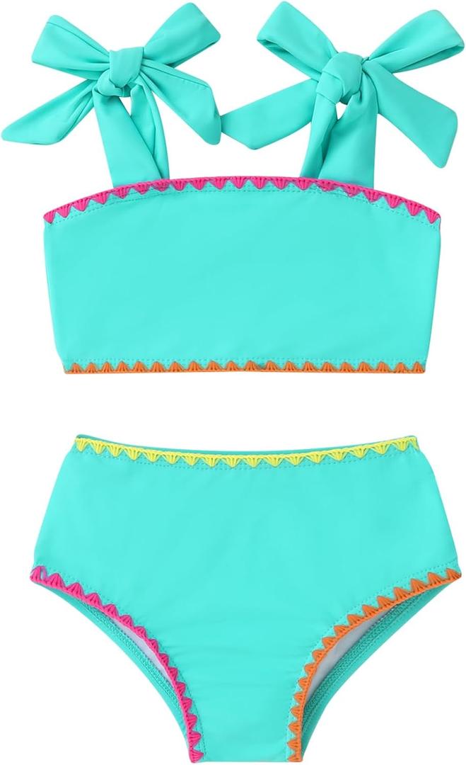 YOUNGER TREE Toddler Baby Girls Swimsuit Two Piece Solid Color Stripe Swimwear Summer Beach Bikini Bathing Suit (5-6 Years, Green-Blue)