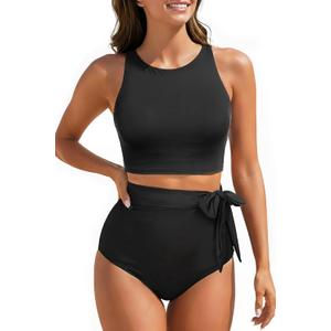 Aqua Eve Women High Waisted Bikini Set Racerback Swimsuit Two Piece Bathing Suit High Neck Swimwear (Black, M)