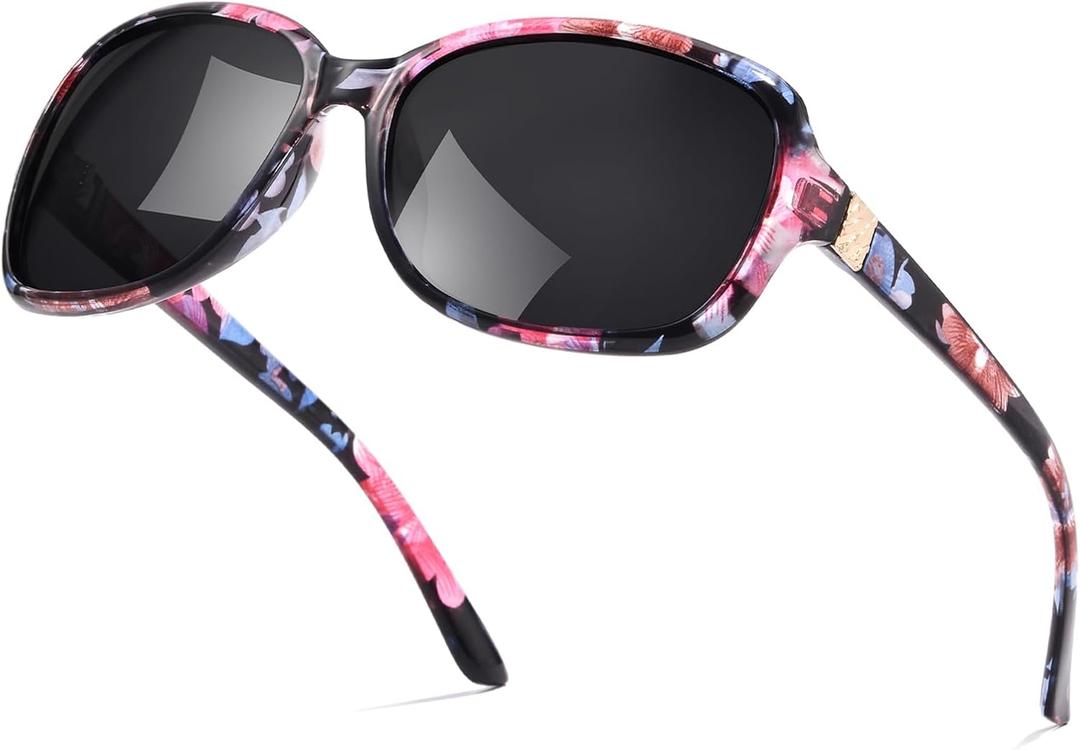 LVIOE Polarized Sunglasses for Women Retro Oversized Shades with UV400 Protection LS8158 (A03 Black Flora Frame/Black Polarized Lenses)