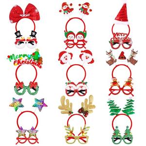 MGparty Christmas Photo Booth Props Headbands and Glasses,18 Pack Christmas Accessories Set with Funny Reindeer Santa Snowman Glasses & Head Boppers for Kids Adults Family Holiday Party Favors